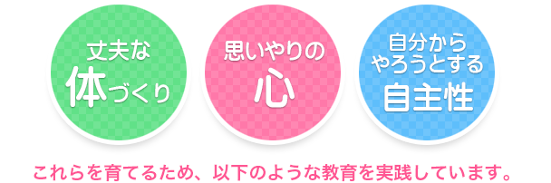 丈夫な体づくり、思いやりの心、自分からやろうとする自主性。これらを育てるため、以下のような教育を実践しています。